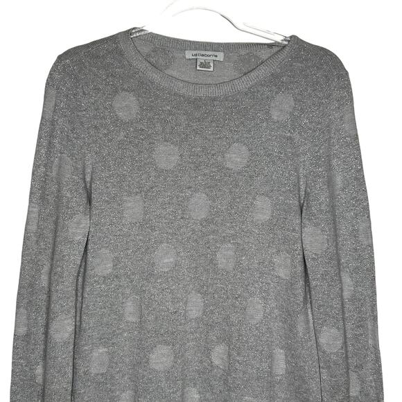 LIZ CLAIBORNE Metallic Silver Sweater Polka Dot Crew Neck Oversized Fit Size L - Picture 2 of 6